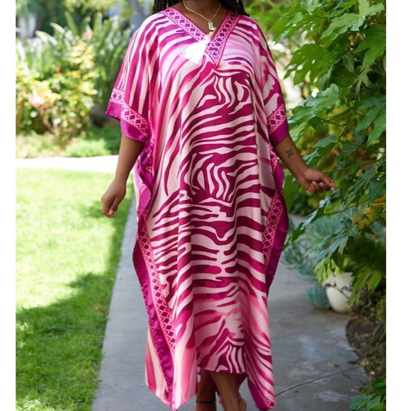 CARESS PINK PURPLE ZEBRA MIX S-4X FULL LOUNGE COVERUP ROBE KAFTAN DRESS … - Picture 1 of 2